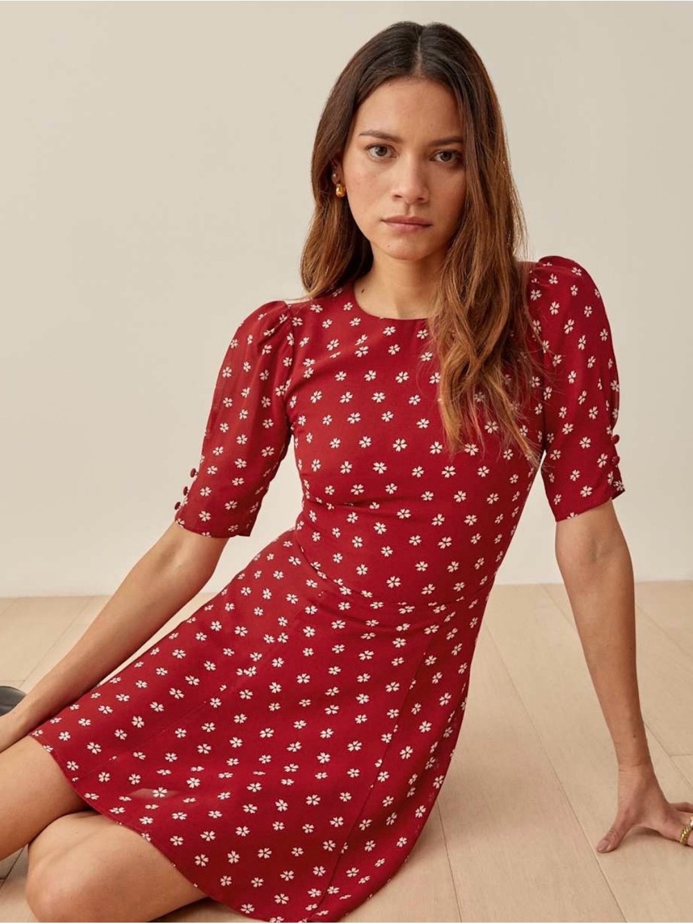 Reformation Bard dress red w/white flowers ❀